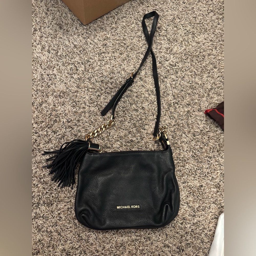 Michael Kors Black Leather Crossbody with Tassel and Gold Chain